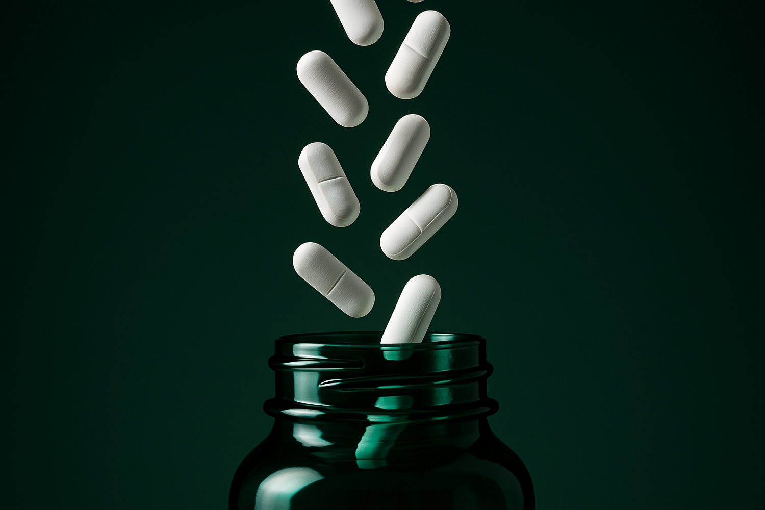 give me pills falling into the bottle using dark green color scheme and white